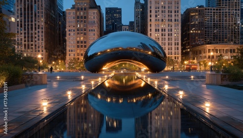 Reflective sculpture in city park, evening lights glimmer