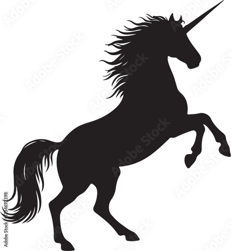 black vector of unicorn rearing up in silhouette 