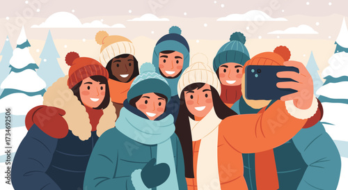 Group of friends taking a selfie in a snowy winter landscape