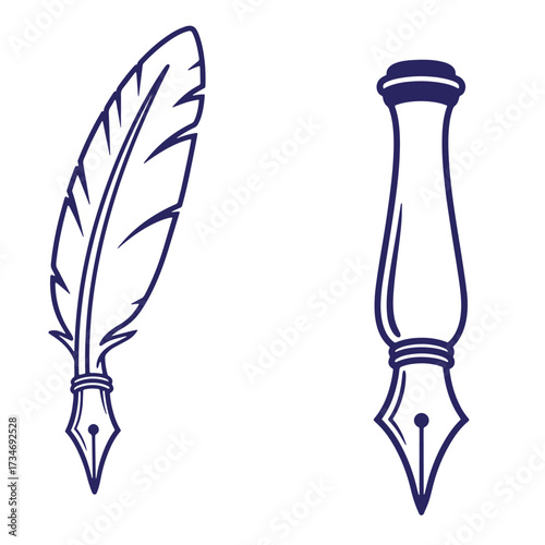 Elegant vector illustration of a feather quill pen and a traditional fountain pen