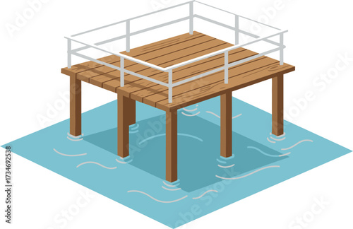 Wooden pier structure with railing elevated on poles above blue water surface isometric view flat design vector illustration white background