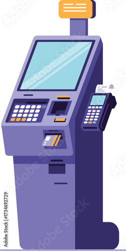 Modern self-service kiosk with touchscreen and payment terminal for retail and public spaces flat design vector illustration white background