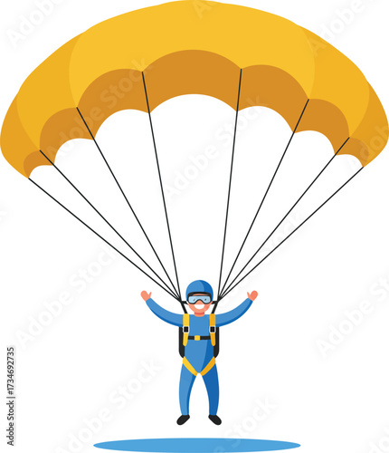 Exciting parachutist descending safely under yellow canopy in sunny sky adventure flat design vector illustration white background