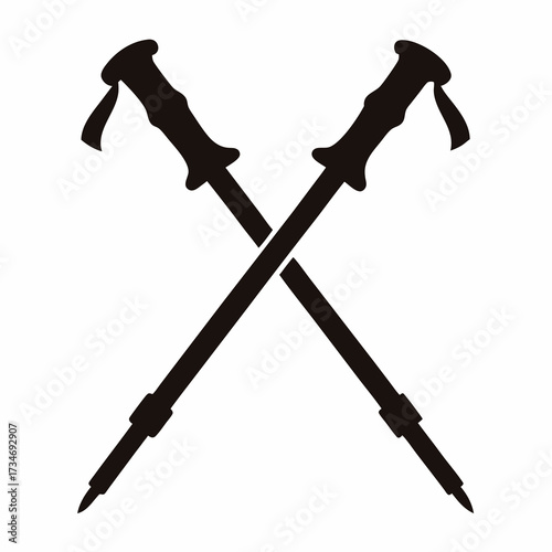 Crossed black hiking sticks on white background for active exploration design