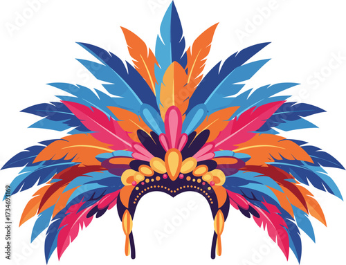 Vibrant colorful feather headdress for carnival celebrations or festive costume events flat design vector illustration white background