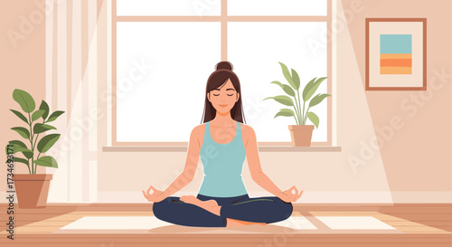 Woman meditating in lotus position in a bright room
