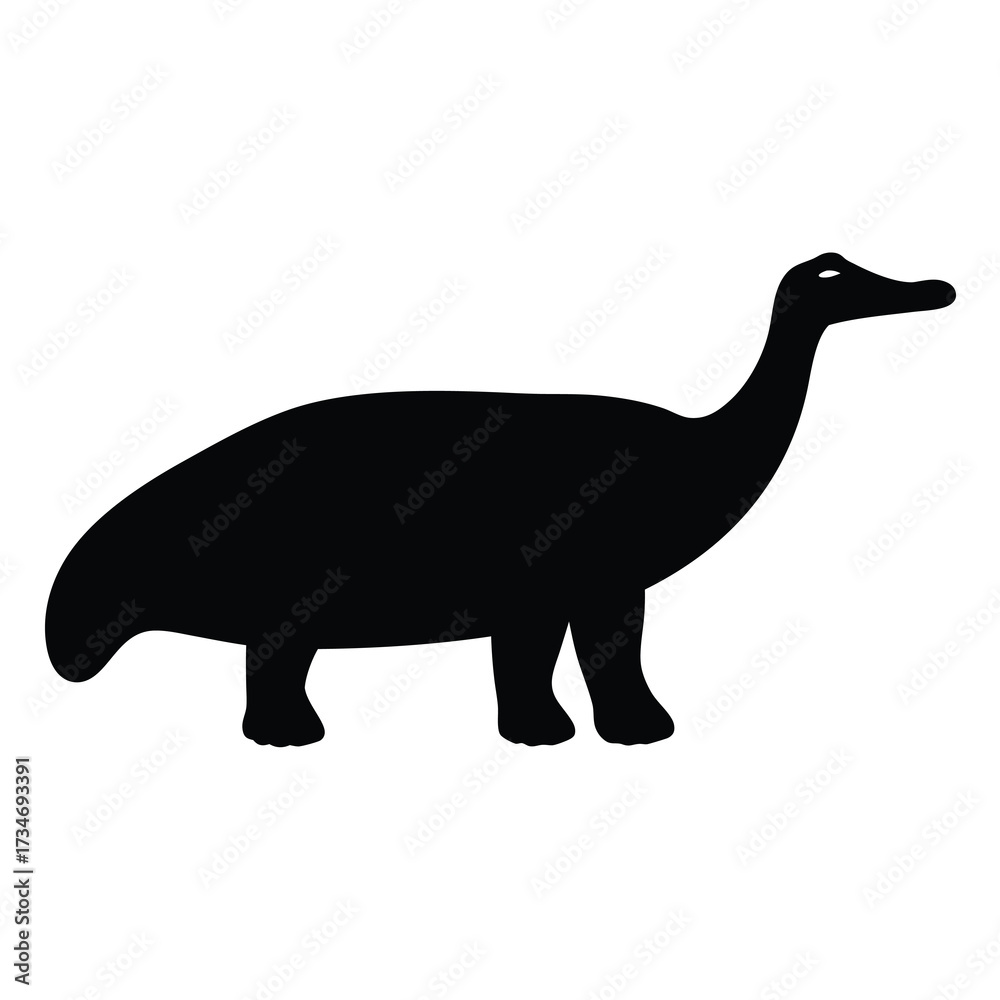 Obraz premium Dinosaur Silhouette of Long-Necked Herbivore- Black dinosaur silhouette illustration featuring a long neck and bulky body, ideal for prehistoric themes, education, and graphic design use