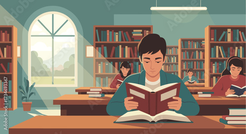 People reading in a library with bookshelves and window