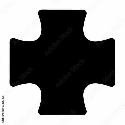 Black Puzzle Piece Cross-Shaped Silhouette- Simple black silhouette of a cross-shaped puzzle piece, useful for themes of problem solving, connection, teamwork, and game design