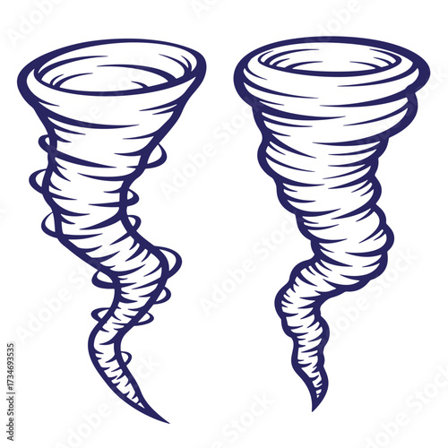 Illustrated vector graphic of two swirling tornadoes depicting severe weather conditions