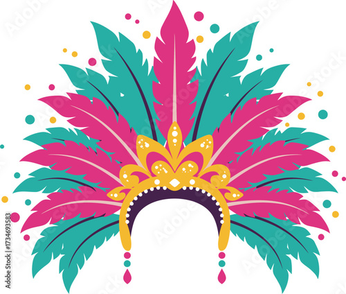 Vibrant tribal headdress with colorful feathers sparkle and beads festive celebration flat design vector illustration white background