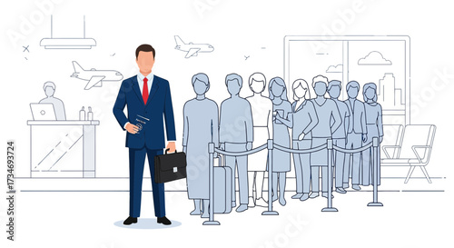 A busy airport scene depicts passengers waiting in line while a businessman walks by confidently