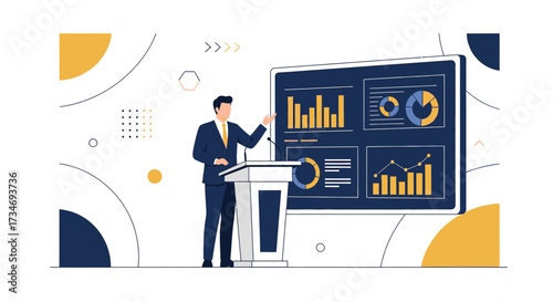 A confident businessman presenting growth charts and business metrics on a large screen