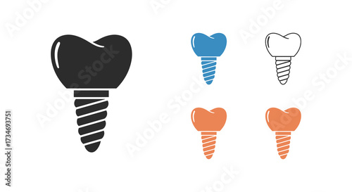 Various dental implant icons shown in different colors and styles