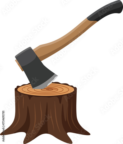 Sharp axe embedded in wooden tree stump ready for chopping and woodcutting flat design vector illustration white background