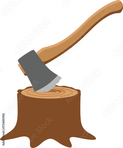 Sharp axe embedded in wood stump ready for chopping lumber logging outdoor activity symbol flat design vector illustration white background