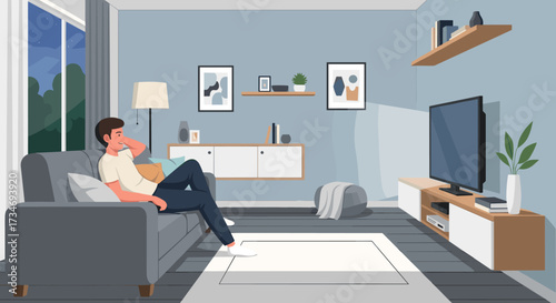Man relaxing on sofa in living room with tv and modern decor