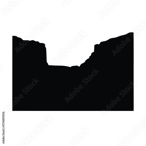 Silhouette illustration of a canyon landscape with dramatic cliffs and a water feature