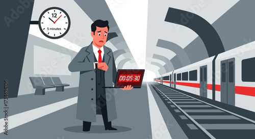 Anxious Businessman Misses Train Deadline at Station with Digital Countdown on Laptop