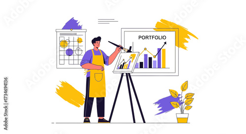 Artistic portfolio presentation, man with brush painting a financial chart in studio