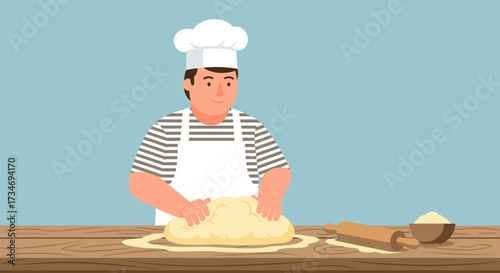 Cartoon baker kneading dough on a wooden table