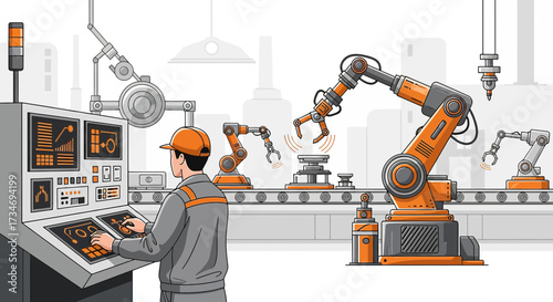 Automation process with a technician at the industrial automated factory assembly line, with robot