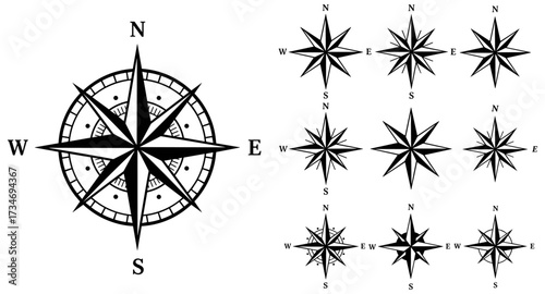 Compass rose vector icons, navigation symbols, wind directions, nautical star, vintage compass design, map orientation elements, black illustrations