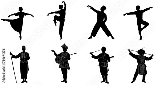 Silhouette vector set of traditional and ballet dancers in dynamic poses, ideal for cultural projects, performances, and design elements.