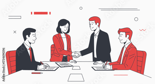 Business meeting illustration depicting deal closure and successful partnership agreement