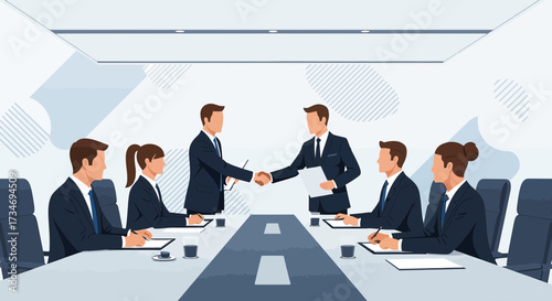 Business meeting with handshake concluding a deal between partners in a modern conference room