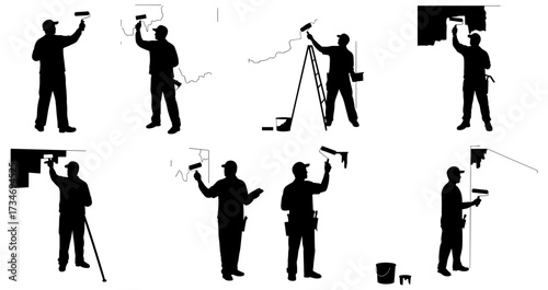 Painter silhouette set with roller brush, painting wall vector workers, home renovation icons, construction labor illustration, handyman wall paint.