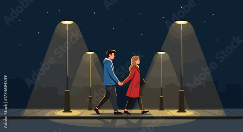 Couple holding hands walking under streetlights at night