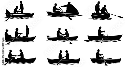 Rowing boat silhouettes, people in rowboat vector set, fishing and paddling illustration, man and woman boating black silhouette icons.