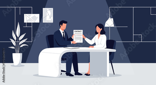 Business negotiation showing a man and a woman exchanging a contract in an office setting