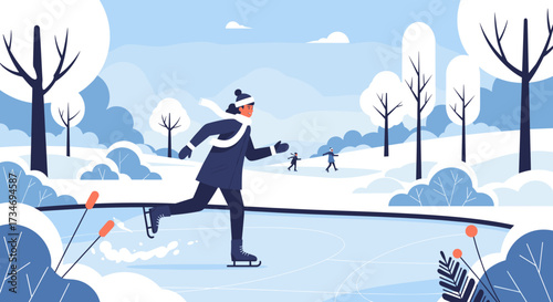 Woman ice skating on a frozen pond in a winter landscape