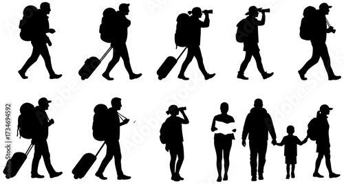 Traveler silhouette set, backpacker and tourist vector collection, walking people icons with luggage, map, binoculars, and travel gear.