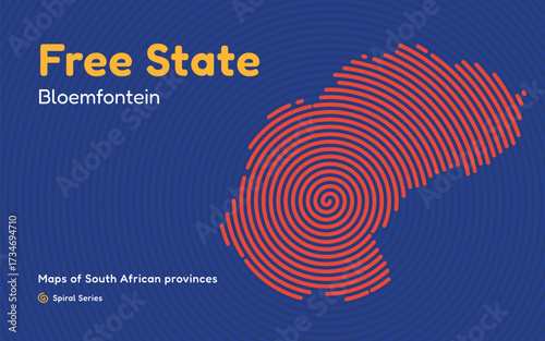 Free State province spiral pattern map with center in Bloemfontein, South Africa