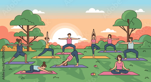 Group yoga session in a park at sunset