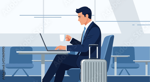 Business Professional Working Remotely at Airport Lounge with Laptop and Coffee Cup
