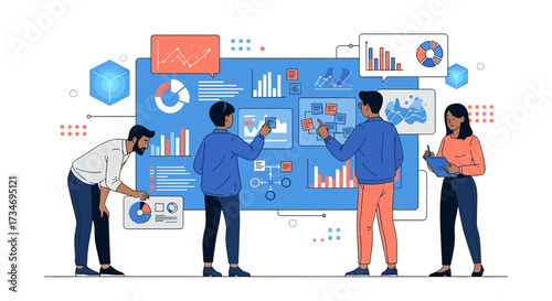 Business team analyzing data charts and graphs on a large digital screen together