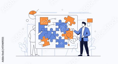 Business team collaborating on a complex puzzle, strategy meeting and problem solving session for