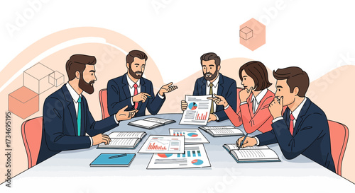 Business team collaboration and brainstorming session in modern office setting vector illustration