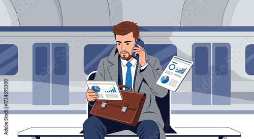 Businessman multitasking on a train with financial reports and a mobile phone communication