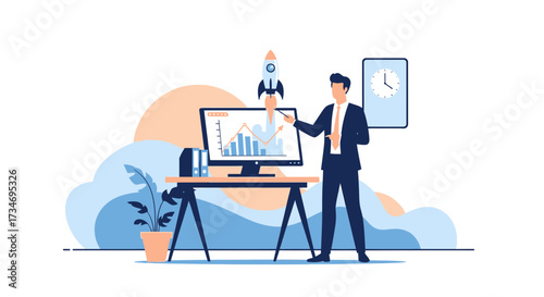 Businessman presenting rising graph with rocket launch, illustrating startup success and time