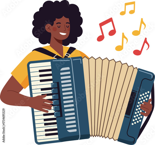 Joyful musician plays accordion with musical notes floating upwards a happy scene flat design vector illustration white background
