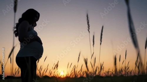 Silhouette of a pregnant woman standing in a field at sunset, with tall grass swaying gently in the breeze