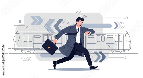 Businessman running late checking time in front of a train illustration depicting urgency and time