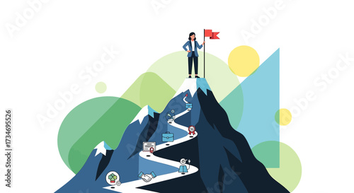 Businesswoman conquering mountain peak representing success and achievement in professional