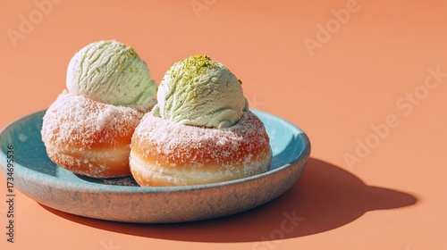   Two powdered donuts on a blue plate with a green frosting cone on one of them