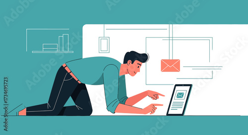 Cartoon man using tablet to communicate with email interface and graph elements in background